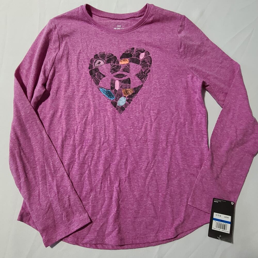Youth Girls Under Armour LS Shirt With Heart Graphic YXL Purple NWT